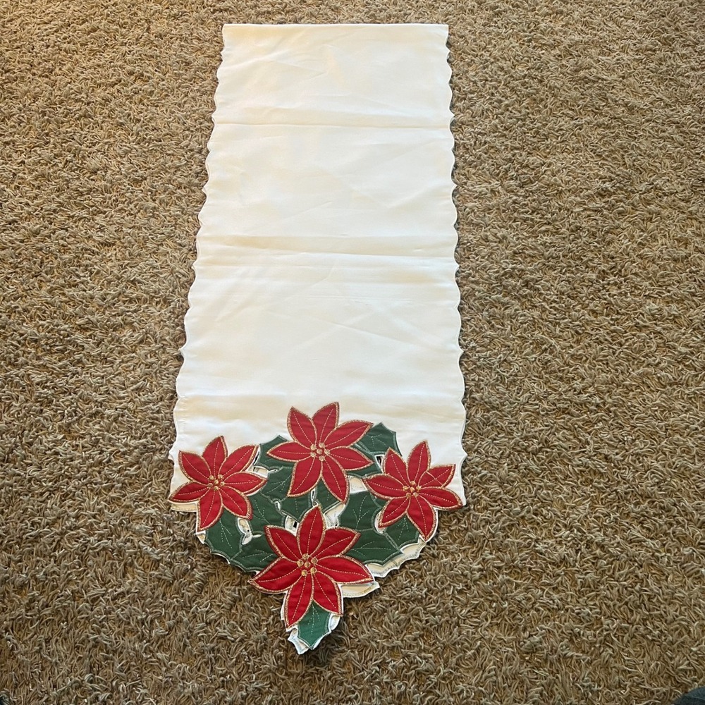 Christmas Poinsettia Table‎ Runner White Gold Embroidered Holly 68 Inch Holiday